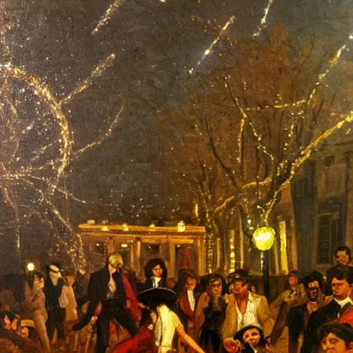 Image similar to highly detailed oil painting in the style of Delacroix of an early 20th century French writer exiting from a fantastical time machine made of polished gold metal and covered in flashing lights and monitors that has just appeared in the Luxembourg Gardens, Paris, 1973