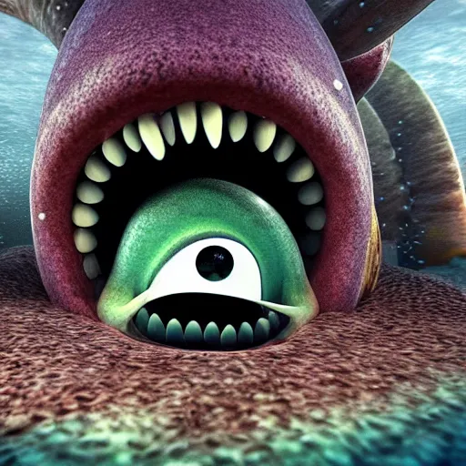 Image similar to sea monster about to eat pov underwater, big eyes, terrifying, hyper realistic, 8 k cinematic