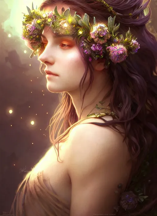 Image similar to a beautiful cinematic female druid goddess, flower Crown, galatic shamen with Quantum energy fantasy, fantasy magic, undercut hairstyle, dark light night, intricate, elegant, sharp focus, illustration, highly detailed, digital painting, concept art, matte, art by WLOP and Artgerm and Greg Rutkowski and Alphonse Mucha, masterpiece