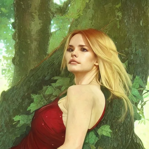 Prompt: portrait of a woman resting on large tree, skimpy dark red clothing, blonde hair, green lines, sharp focus, intricate, cinematic lighting, smooth, ultra realistic illustration, high fantasy, elegant, by artgerm, greg rutkowski, alphonse mucha magali villeneuve