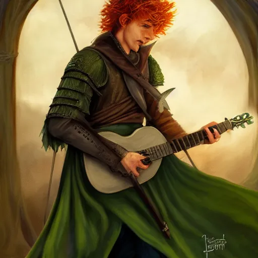 Prompt: kvothe from name of the wind playing or restringing his lute, serenading the sunset, huntsman, medieval, green cape, fire red hair by Aleksi Briclot, illustrated in oil paints and charcol, award winning