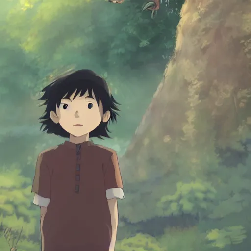 Prompt: friendly guy and small creature , with Fragile looking character portrait face made by Studio Ghibli highly detailed art, beautiful scene, sharp focus, smooth, 8k, anime art, wild, dark, fantasy, peaceful, colorful, clear, clean