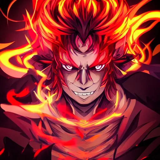 Prompt: villan devil handsome in demon slayer art, night, fire lines, anime style, detailed face, high quality, smooth in 8k, sharp focus, beautiful scene, black border, beautiful scene with a lot of colors, colorful fire