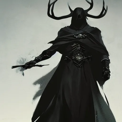 Image similar to portrait of a character wearing a black cloak, with a white mask in the shape of a deer skull, no antlers, dramatic lighting, illustration by Greg rutkowski, yoji shinkawa, 4k, digital art, concept art, trending on artstation