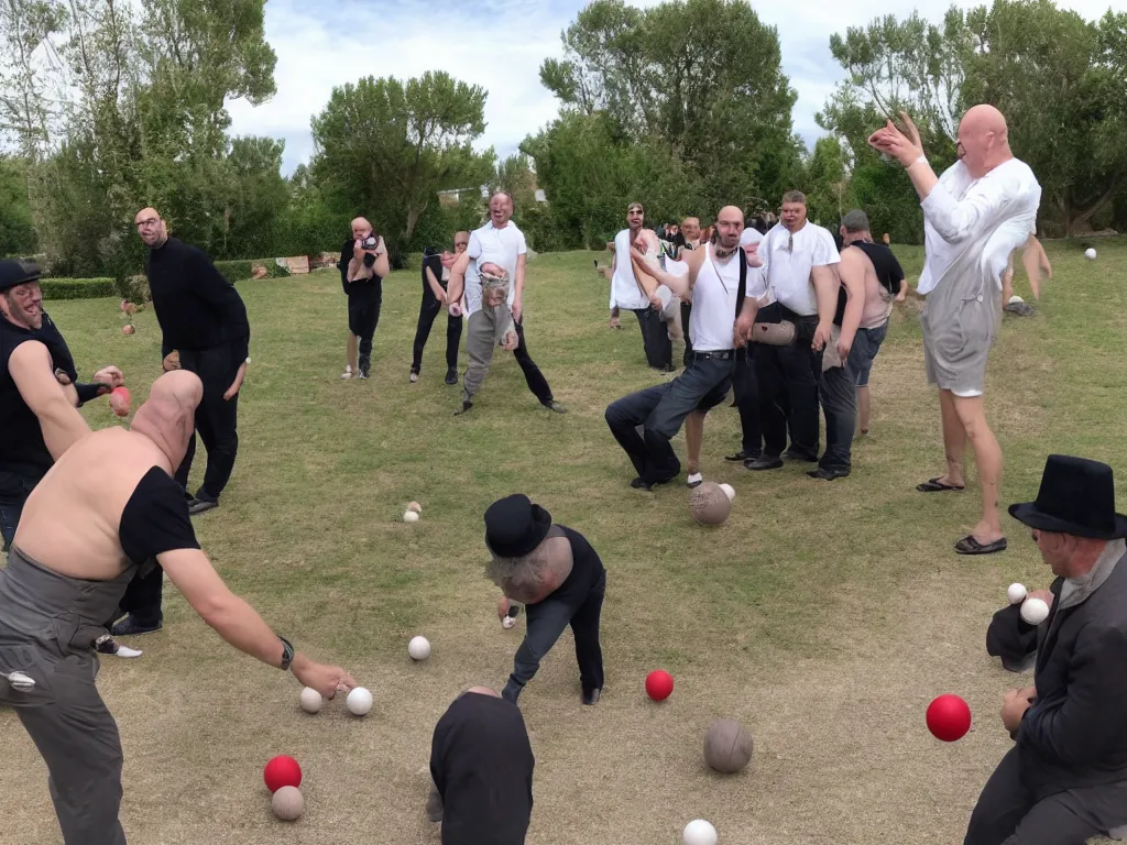 Image similar to nosferatu is playing petanque balls with one french fat dudes in south of france