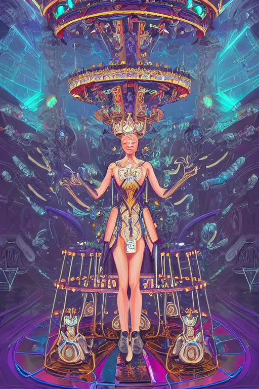 Prompt: ethereal cybernetic empress tsarina wearing futuristic sentient alien carousel crown in the fantasy amusement carnival, extremely detailed, sharp focus, wide view, full body shot, smooth, digital illustration, by dan mumford. james jean, by rossdraws, frank franzzeta, sakimichan