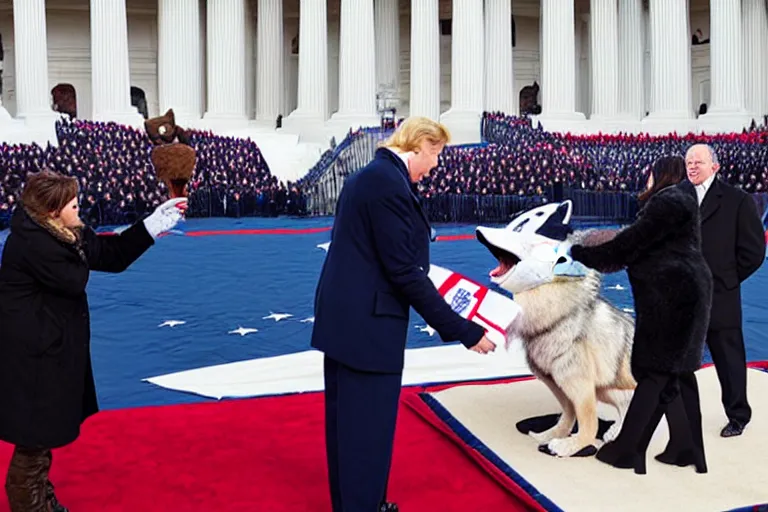 Image similar to photo of the usa presidential inauguration, a wolf fursuiter being inaugurated as president