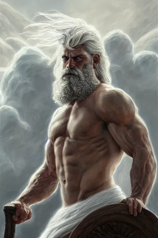 Image similar to painted portrait of rugged zeus, god of thunder, greek god, white hair, masculine, powerful, handsome, upper body, white robe, muscular, hairy torso, fantasy, intricate, elegant, highly detailed, digital painting, artstation, concept art, smooth, sharp focus, illustration, art by gaston bussiere and magali villeneuve