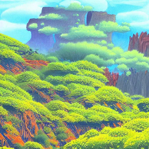 Image similar to detailed painting of a lush natural scene on an alien planet by tojiro oshita. beautiful landscape. weird colourful vegetation. cliffs and water.