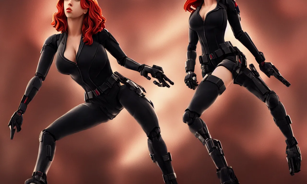 Image similar to action figure of Black Widow Scarlett Johansson in a dynamic pose, full subject in frame, deep color, low key lighting, cinematic lighting, artstation trending,