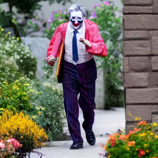 Prompt: Jerome Powell with colorful clown makeup all over his face whiteface, walking outside in a garden