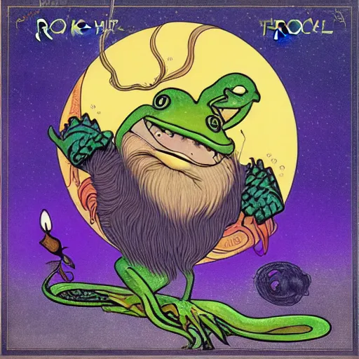 Image similar to A prog rock album cover of a long bearded wizard frog casting a spell
