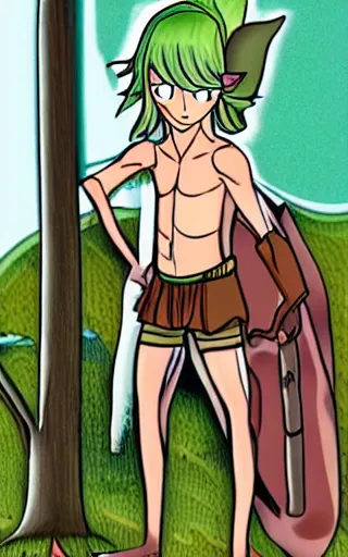 Image similar to an wood elf boy getting ready for an high fantasy adventure on the mountain side, anime style, tarot card, Tarot card the fool