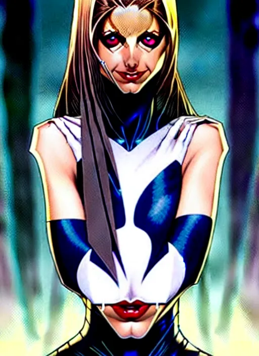 Image similar to artgerm, joshua middleton comic cover art, pretty sarah michelle gellar superhero, asymmetrical black oval spot covering left eye from eyebrow to cheek, left eye only, very pale white skin, no spot right eye, white around right eye