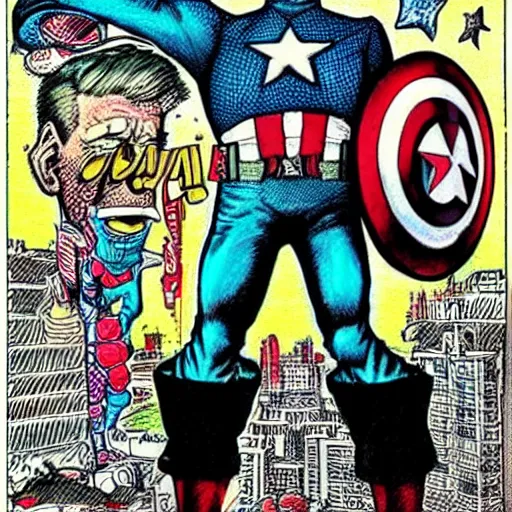 Prompt: The Artwork of R. Crumb and his Cheap Suit Captain America, pencil and colored marker artwork, trailer-trash lifestyle