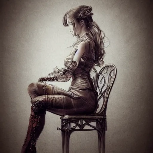 Image similar to hyper realistic full body pencil drawing of a woman steampunk sitting on a chair, water color, detailed, rim light, diffused, intricate, by anna dittmann,