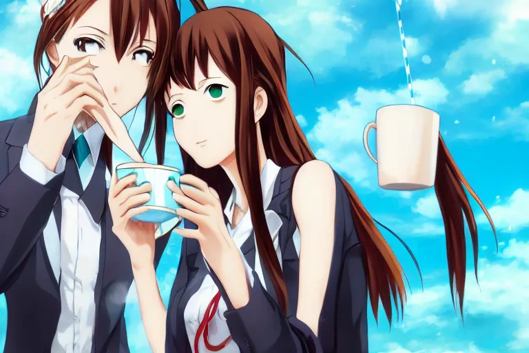 Prompt: Makise Kurisu drinking tea with Hatsune Miku, anime art, detailed, wallpaper, 4k