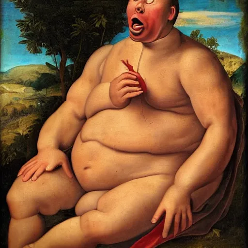 Image similar to a renaissance oil painting of a man eating way too many hotdogs, his stomach is distended, his expression is pure elation, high art, 8 k