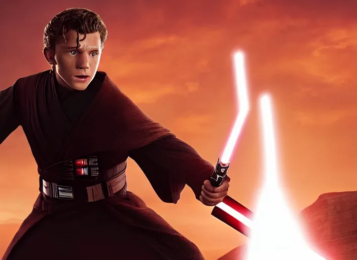 Image similar to tom holland plays anakin skywalker in the live action remake of star wars revenge of the sith, 3 5 mm photography, highly detailed, cinematic lighting, standing pose, holding lightsaber 4 k