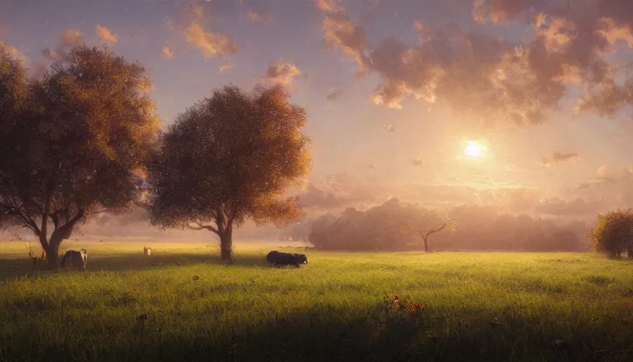 Image similar to cow pasture with fruit trees in sunset, back light, highly detailed, cinematic lighting, highly angle, volumetric, photorealistic, digital art painting by greg rutkowski