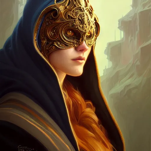 Image similar to portrait of cat wizard wearing a hood, face, fantasy, intricate, elegant, highly detailed, digital painting, artstation, concept art, smooth, sharp focus, illustration, art by artgerm and greg rutkowski and alphonse mucha