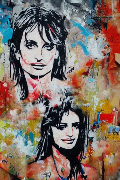 Image similar to oil painting, portrait of penelope cruz, wall with graffiti, splash painting, by bansky