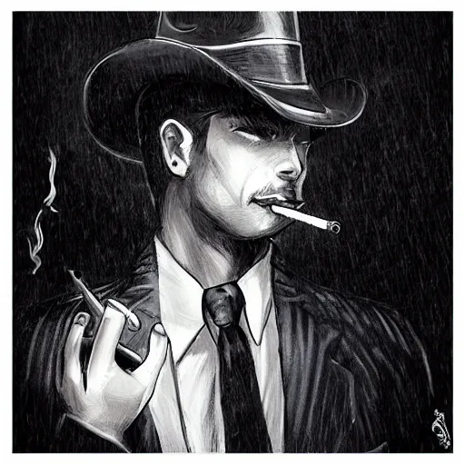 Prompt: noir detective wearing fedora and smoking a cigarette, raining, Artwork by Artgerm