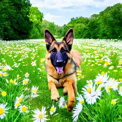 Image similar to German shepherd dog and bunny running in a field with daisies, trees in the distance with sun blue skies a couple of clouds