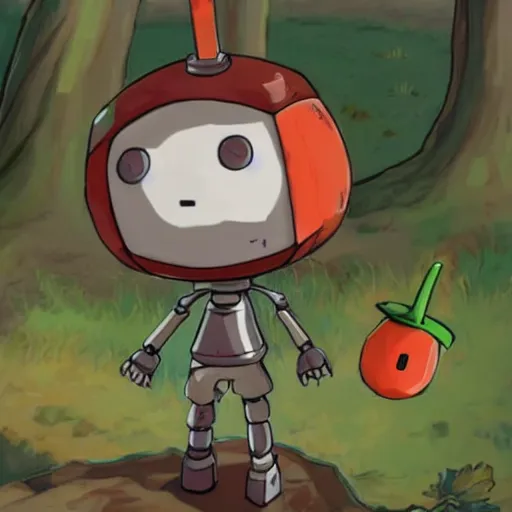 Prompt: cute little robot with tomato head and a carrot sword, made in abyss style standing on a forest