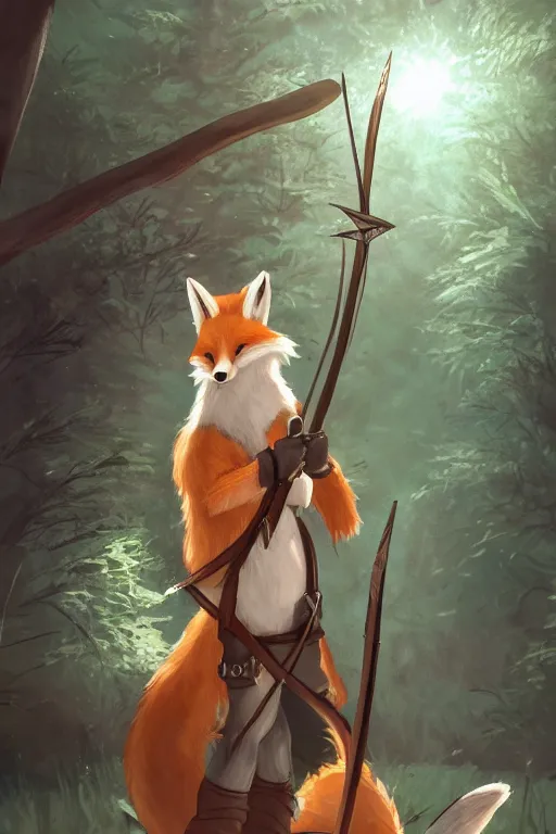 Image similar to a medieval anthropomorphic fox archer with a fluffy tail in a forest, backlighting, trending on artstation, furry art, by kawacy, warm lighting, digital art