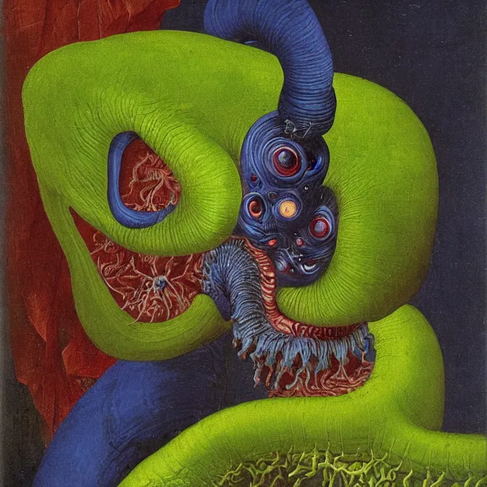 Image similar to close up portrait of a mutant monster creature with face in the shape of a colorful exotic dark blue carnivorous plant, snail - like protruding eyes. by jan van eyck, audubon