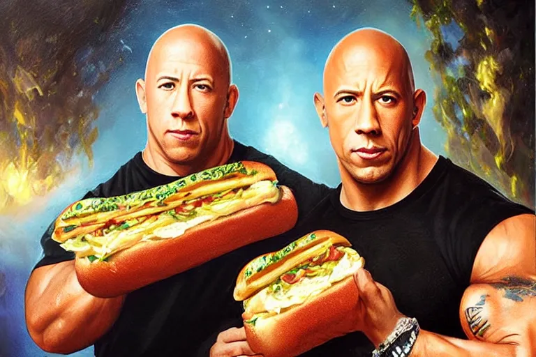 Image similar to portrait of vin diesel and dwayne the rock johnson sharing a footlong sub sandwich, an oil painting by ross tran and thomas kincade
