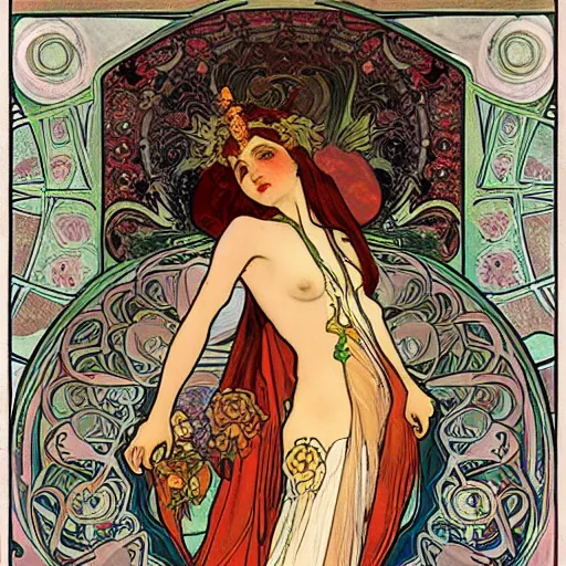 Prompt: persephone as godess of death, painted by alphonse mucha