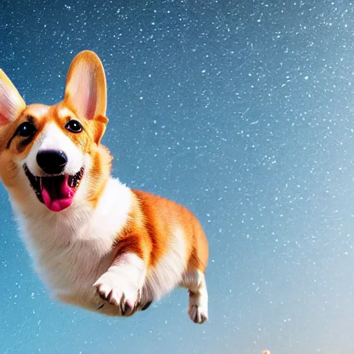 Image similar to corgi attaining [ angelic wings ]!!, [ flying like a superhero ]!! in the [ night sky ]!! where the stars are visibly perceptible, [ realistic photo ]!!, [ 4 k photorealism ]!!, trending on unsplash