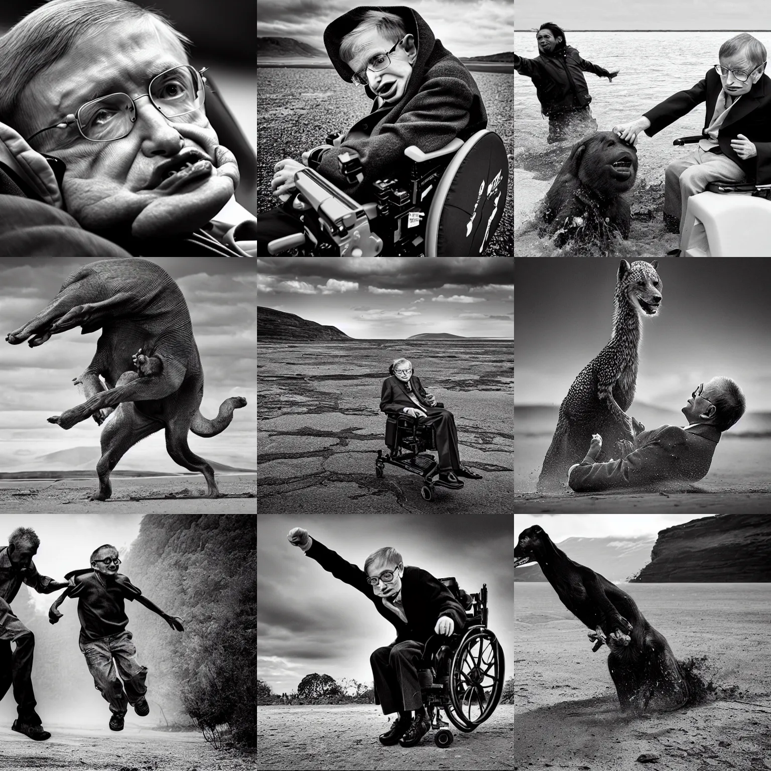 Prompt: Stephen Hawking action photography nature by David Yarrow