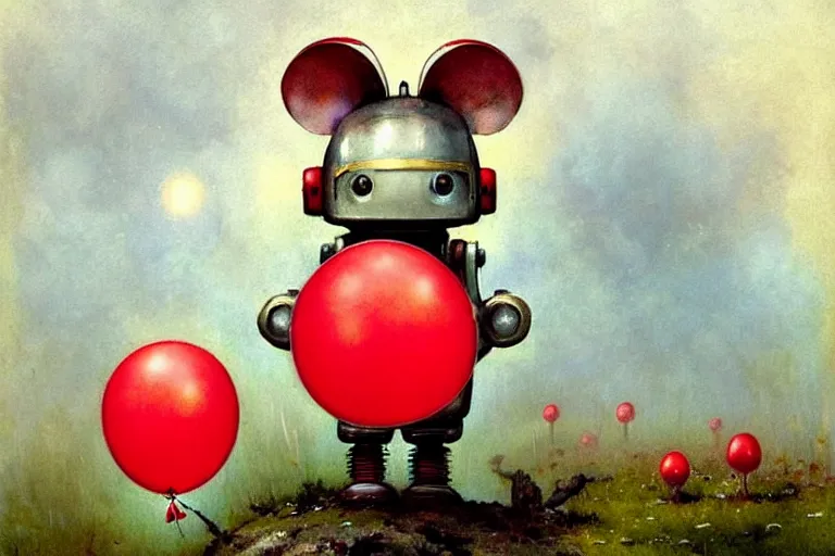 Prompt: adventurer ( ( ( ( ( 1 9 5 0 s retro future robot android mouse holding a red balloon. muted colors. swamp mushrooms island, lillie pads ) ) ) ) ) by jean baptiste monge!!!!!!!!!!!!!!!!!!!!!!!!! chrome red