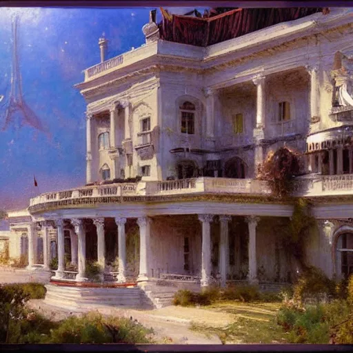 Image similar to detailed cinematic wide shot of the white house that is existing far in the future where humans evolved to be solarpunk, ultra realistic, spring light, painting by gaston bussiere, craig mullins, j. c. leyendecker