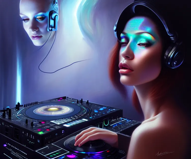 Prompt: beautiful dj with detailed face, in holograms of alien artifacts, electrical case display, total recall tech, dramatic lighting, electrical details, high details, 4 k, 8 k, best, accurate, trending on artstation, artstation, photorealism, ultrarealistic, digital painting, style of peter mohrbacher, caravaggio, boris vallejo