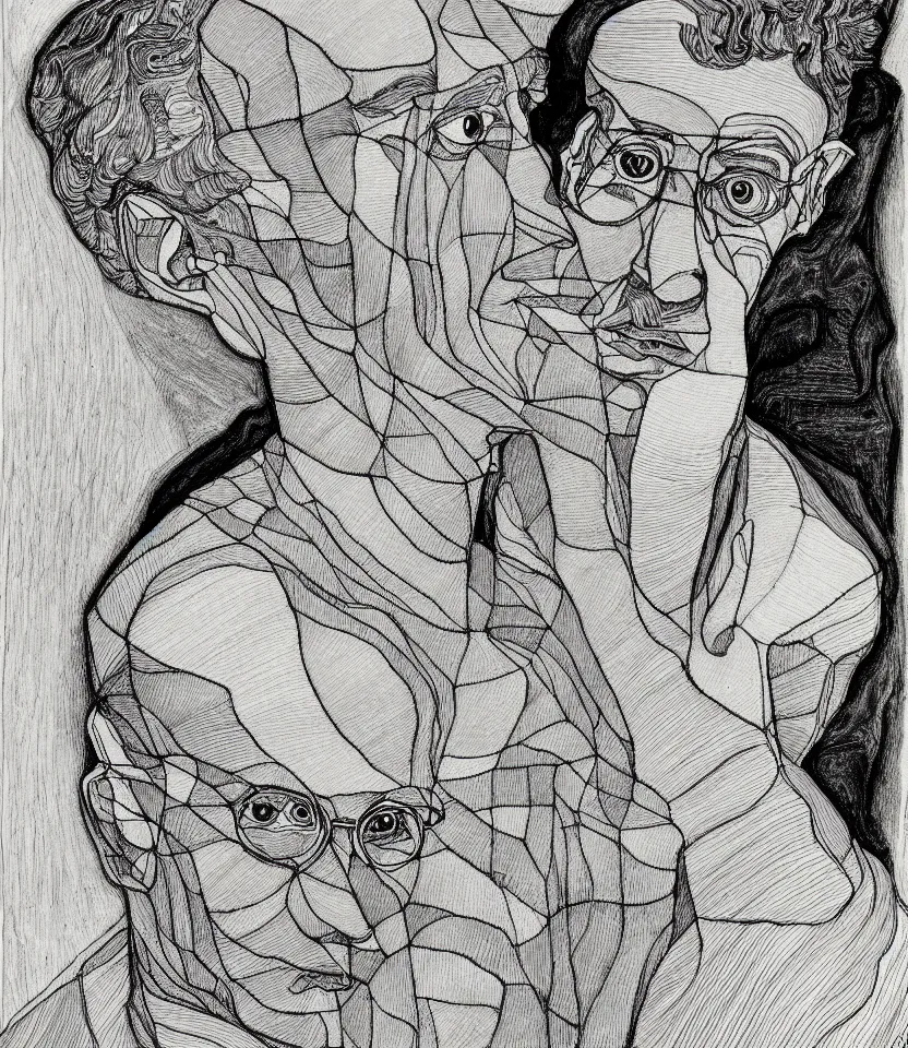 Prompt: detailed line art portrait of hermann hesse, inspired by egon schiele. contour lines, caricatural, musicality, twirls curls and curves, confident personality, raw emotion