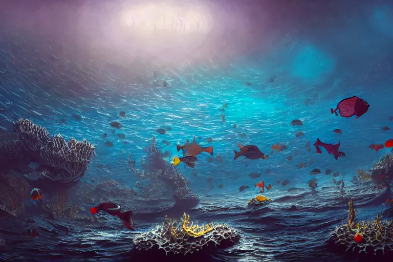 Image similar to fish hunting for humans, under the sea, sci - fi, fantasy, intricate, elegant, highly detailed, concept art, high contrast, sharp focus, oil painting, 4 k