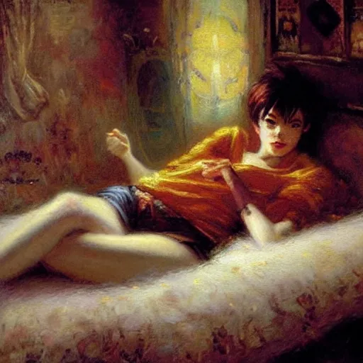 Image similar to Gaston Bussiere painting of Tracer (Overwatch) lounging in her bedroom, dramatic lightning, candlelit