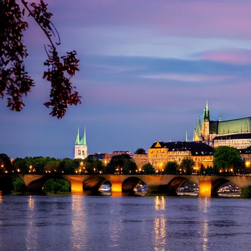 Prompt: a falcon 9 rocket launching from a river platform on Vltava river at sunset , background is the skyline of Prague castle, Charles bridge in the foreground, artistic photo