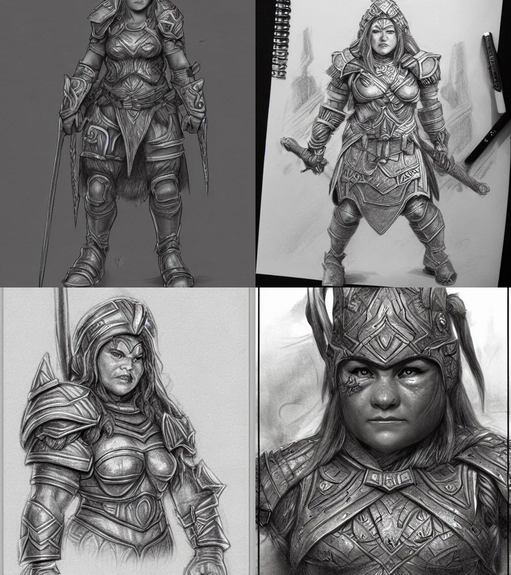 Prompt: robust female dwarven warrior | pencil sketch | hyperdetailed | frontal view |