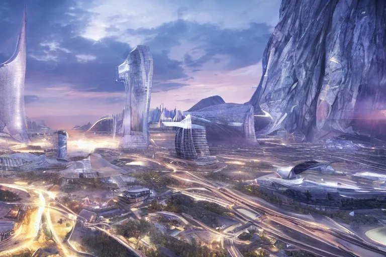 Prompt: futuristic city located in valley in kyrgyz, sunrise, vray, hdr, overhead view, photorealistic