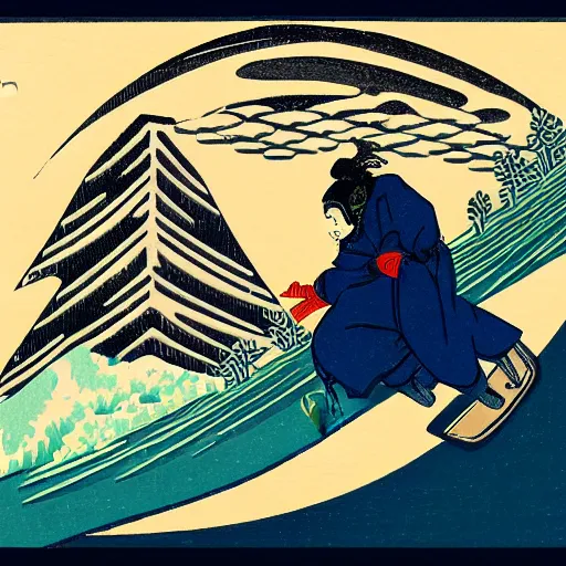 Image similar to man snowboarding woodblock print, style of hokusai, fine art, style of kanagawa, painting