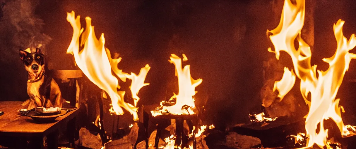 Image similar to a studio photograph (flash on) of a big fire on a dining room on fire, an human-like relaxed dog sitting on a wooden chair at a table (no fire at all there), lights on, ☕ on the table, surrounded by flames, a lot of flames behind the dog, black smoke instead of the ceiling, no watermark