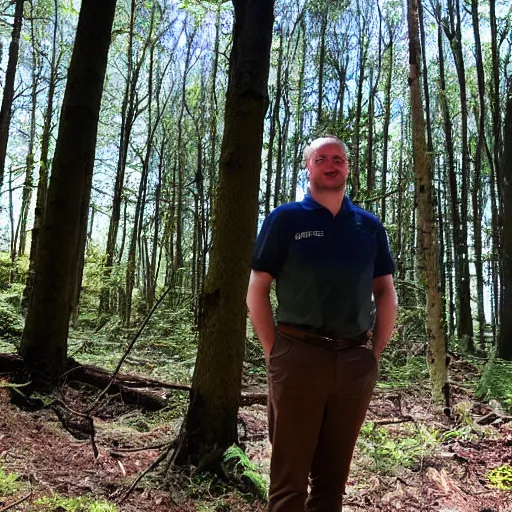 Prompt: DCI Tom Barnaby standing in a sunny forest clearing.