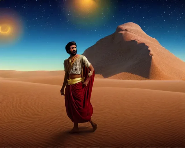 Prompt: a brown man aladdin floating on a magical carpet ride over the arabic desert. realistic 16k footage.