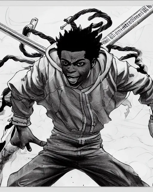 Image similar to a very detailed pencil drawing of kodak black in demon slayer manga panel, action lines, greg rutkowski, in field high resolution, dynamic pose, landscape, medium portrait, action, hyper realistic, manga, koyoharu gotouge, sakuga