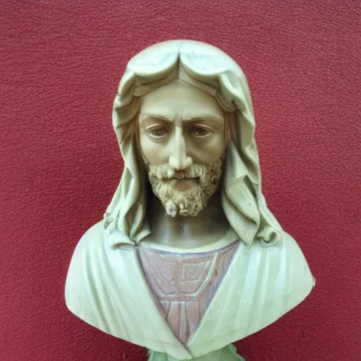 Prompt: holy roman chalkware Jesus bust antique painted sacred Catholic pearlescent coloring